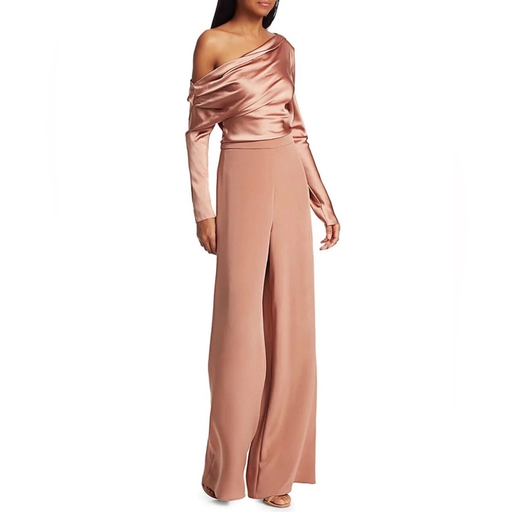 Cushnie High-Waisted Wide Leg Silk Pants Wood Rose